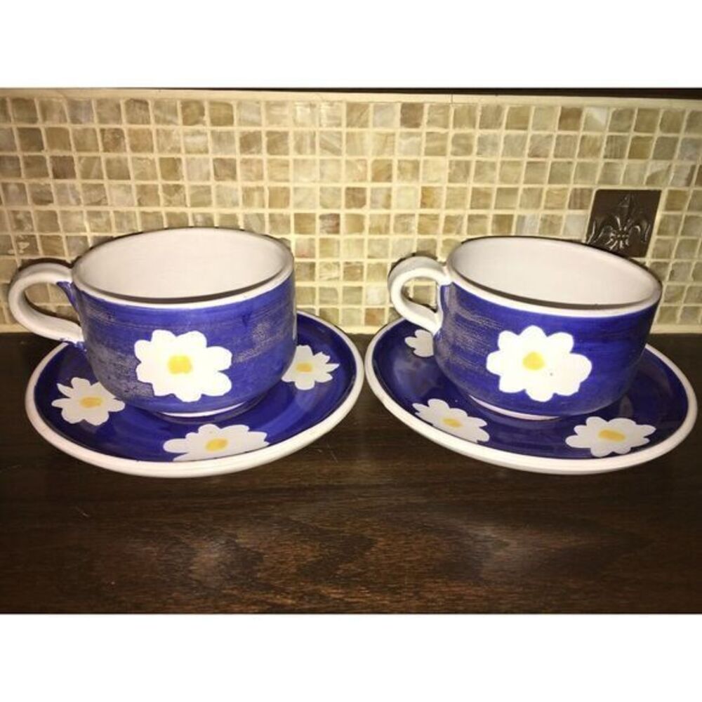 2‎ Italy Handpainted Soup Cup & Saucer plate, cobalt blue rim w white flowers